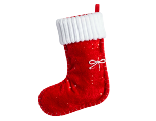 Festive red stocking with white trim and sparkly accents