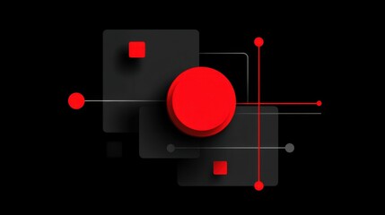 Abstract composition featuring geometric shapes in bold colors, including red spheres and squares on a dark background for modern design applications