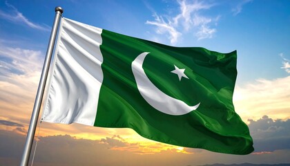 Pakistan flag flying on pole in rural field with dirt path, green crops, and bright sunny sky.