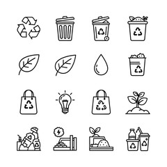 Essential vector icon set depicting diverse aspects of recycling, waste management, and sustainable environmental practices for a greener, eco-conscious world
