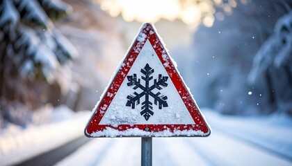 Snow-covered road with icy conditions warning sign, red triangle and snowflake symbol, winter forest background.