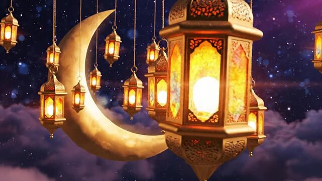 Ornate golden lanterns with intricate patterns hang and glow against a large crescent moon in a dark, starry night sky with clouds, creating a spiritual and festive atmosphere.