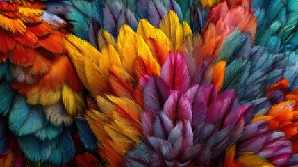 Obraz premium An array of colorful feathers in bright shades of orange yellow red and blue. The feathers come together to form a striking pattern that captures attention.