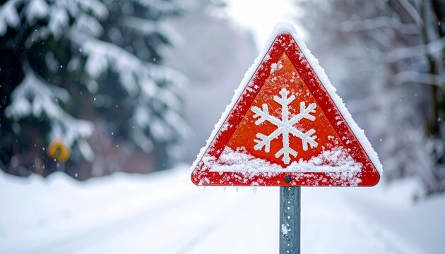 Snow-covered road with icy conditions warning sign, red triangle and snowflake symbol, winter forest background.