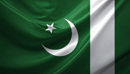 Pakistan flag with dark green field, white vertical stripe, crescent moon and five-pointed star.