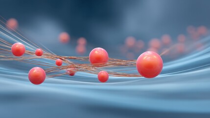 Abstract representation of molecular structures with orange spheres and strands on a soft blue background, illustrating chemistry and connection in science