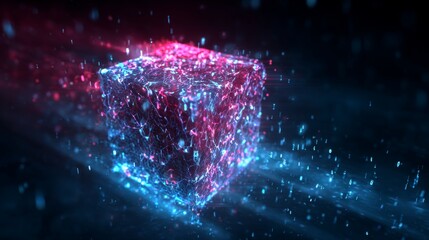 Futuristic technology background featuring neon cubes, virtual reality interfaces, and dynamic blockchain data streams in a digital network visualization