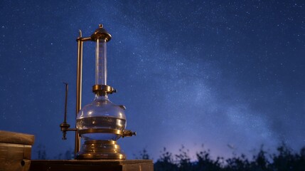 A vintage glass distillation apparatus stands under a clear star filled night sky with the Milky Way visible
