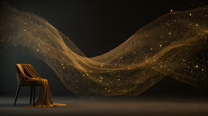 golden tulle waves drifting in dark space with a single chair surrounded by sparkling bokeh dust wallpaper background