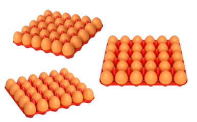 Plastic trays filled with neatly stacked brown eggs, isolated on white transparent background. Concept of egg variety and food industry