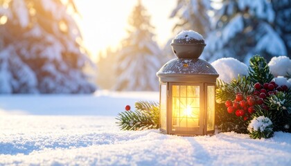 Lit lantern on snowy ground with pine branches, red berries, pinecones, and glowing trees at sunset.