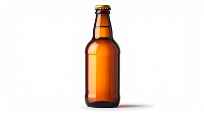 Amber glass bottle with metal cap on white background.