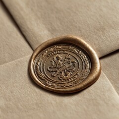 Close up of a vintage golden wax seal with intricate embossed pattern on folded beige paper.