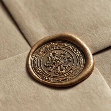 Close up of a vintage golden wax seal with intricate embossed pattern on folded beige paper.