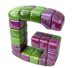 Rendering of Alphabet G made of purple and green colored squares on white background High quality image