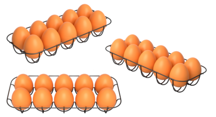 Metal trays filled with neatly stacked brown eggs, isolated on white transparent background. Concept of egg variety and food industry