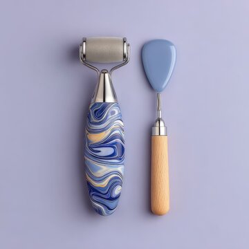 A textured paint roller and a flat art spatula sit side by side on a plain purple surface, showcasing intricate blue and gold marbled handles.