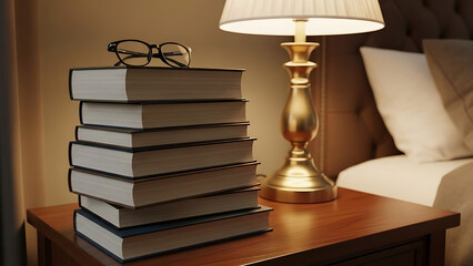 A stack of books with eyeglasses on top, next to a glowing bedside lamp on a wooden nightstand in a cozy bedroom.