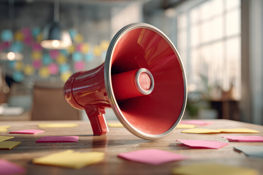 Red megaphone on desk with sticky notes symbolizing communication, teamwork, ideas, and creative collaboration. - Powered by Adobe