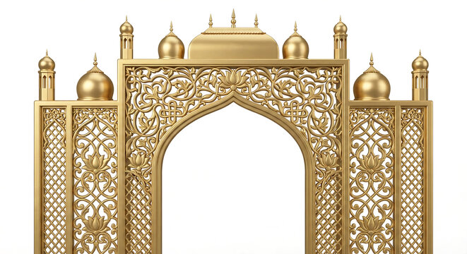 Golden Indo- Islamic Archway with Domes and Floral Carvings Indo-Islamic ornate isolated on a transparent background