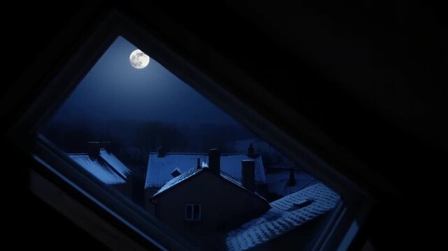 View from the attic window of the moon above the snow-covered roofs of the town in the blue light of the night, concept of a fairytale winter night