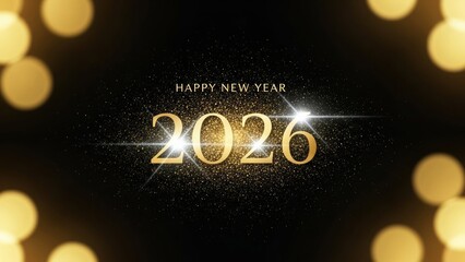 Happy New Year 2026 luxurious greeting card design featuring golden sparkling numbers, floating glitter particles, and festive bokeh lights on a black background.