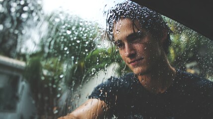 Young Man with Wet Hair and Rain-streaked Face Looking Through Car Window