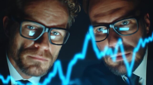 Two men analyze glowing data chart against dark background