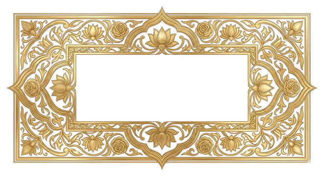 Rectangular Golden Frame with Intricate Floral and Lotus Motifs ornate isolated on a transparent background