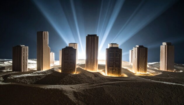 Dramatic miniature cityscape, tall building statues on sand dunes, illuminated from behind with bright blue light shining upwards, creating a mysterious atmospheric effectht