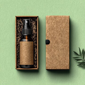 A brown glass spray bottle with a cork textured label sits in an open box on a green textured surface, with a small branch to the right.