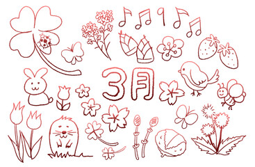 ３月の手描きイラスト素材・動物と食べ物と花のセット・線画
