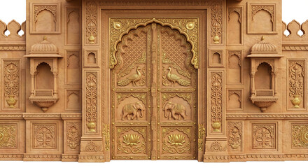 Sandstone Temple Entrance with Elephant and Peacock Carvings carved isolated on a transparent background