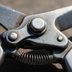 Metallic hinge with spring detail and weathered texture, closeup image