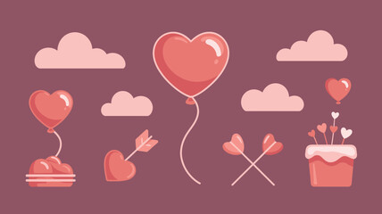Sweet Valentines Day objects including heart balloons, an arrow, and a cake on a warm maroon background
