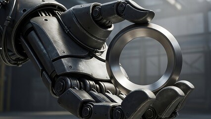 Metallic Robotic Hand Holds a Metal Ring, Representing Industrial Precision