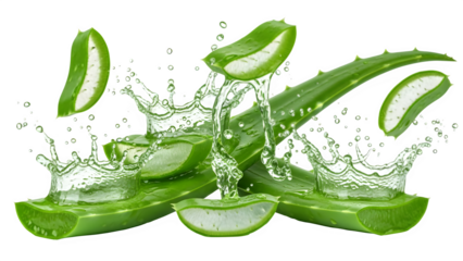 Refreshing aloe vera slices splash into clear liquid creating vibrant natural hydration concept on black background