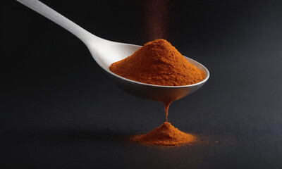 Spoon filled with orange spice powder on a black background during still life setting Generative AI