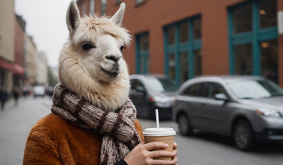 Person wears a llama head while holding a drink on a street with cars and buildings in the background in a city Generative AI