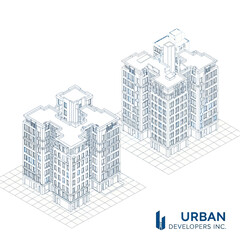 Fototapeta premium Isometric architectural rendering of modern apartment buildings with detailed facades.