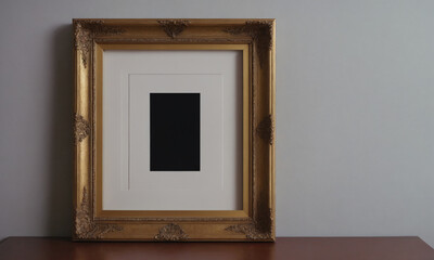 Blank frame on a wooden table against a plain wall with a light color in a simple indoor setting Generative AI