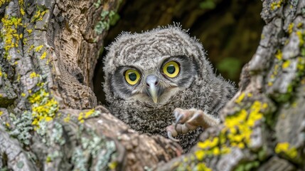 Young Owl Peeking Out From Tree Hollow with Bright Yellow Eyes in Natural Forest Setting