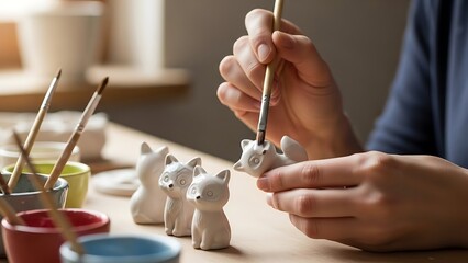 Painting ceramic fox figurines with focused precision and artistry at play