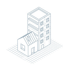 Fototapeta premium Isometric drawing of a modern building complex with a smaller house attached.