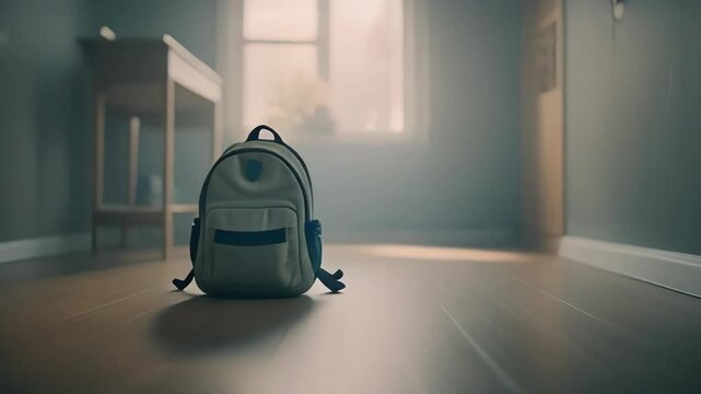 Empty child's backpack on a wooden floor in a quiet, sunlit room, evoking feelings of innocence and memory
