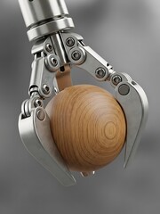 Robotic Arm Securely Holding a Sphere of Polished Wood Elegantly Depicted