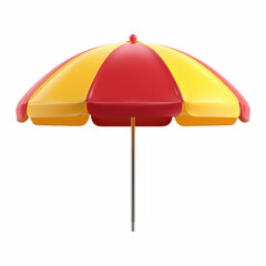 Obraz premium 3D cartoon beach umbrella with red and yellow panels isolated on transparent background.