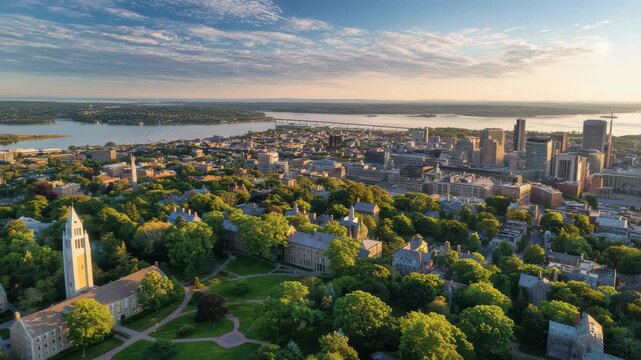 Aerial view of syracuse university campus and downtown skyline at sunrise, 4k high quality footage