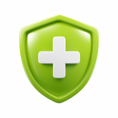 Obraz premium 3D cartoon green shield with white medical cross, healthcare protection icon isolated on transparent background.