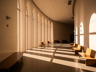 Sunlit architectural hallway with benches and elegant arched windows